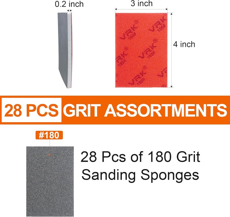 VRKET 28 Pcs 180 Grit Sanding Sponge,Ultra Fine Sandpaper,Soft Foam Hand Sander Block Wet Dry Sanding Pads for Automobile Wood Furniture Metal Drywall Polishing - Image 2